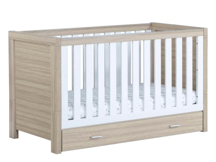 Babymore Luno Cot Bed With Drawer - Oak White