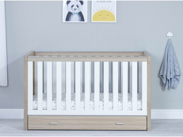 Babymore Luno Cot Bed With Drawer - Oak White